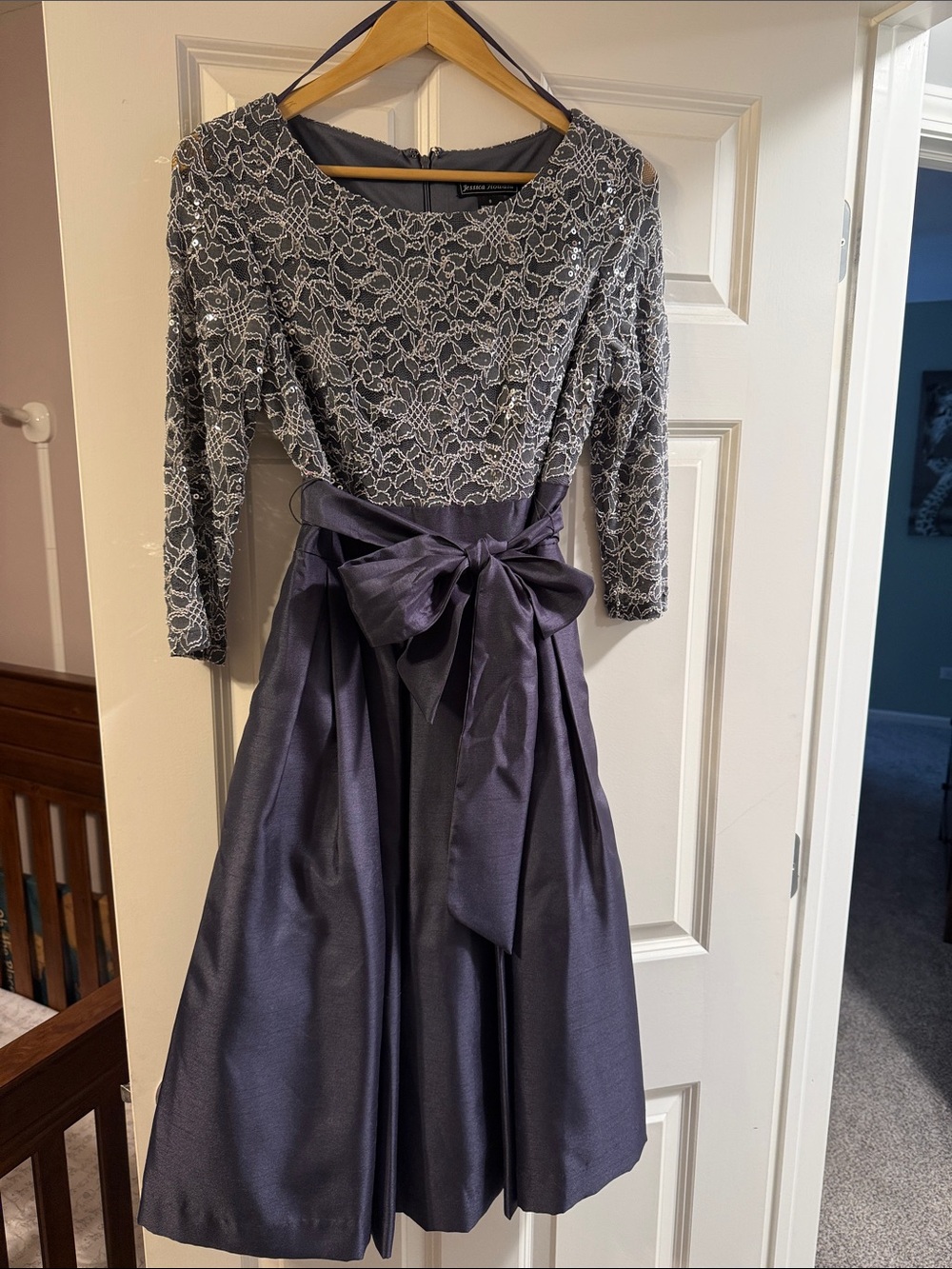 Elegant Lace Bodice metallic gray Fit-and-Flare Dress with Bow